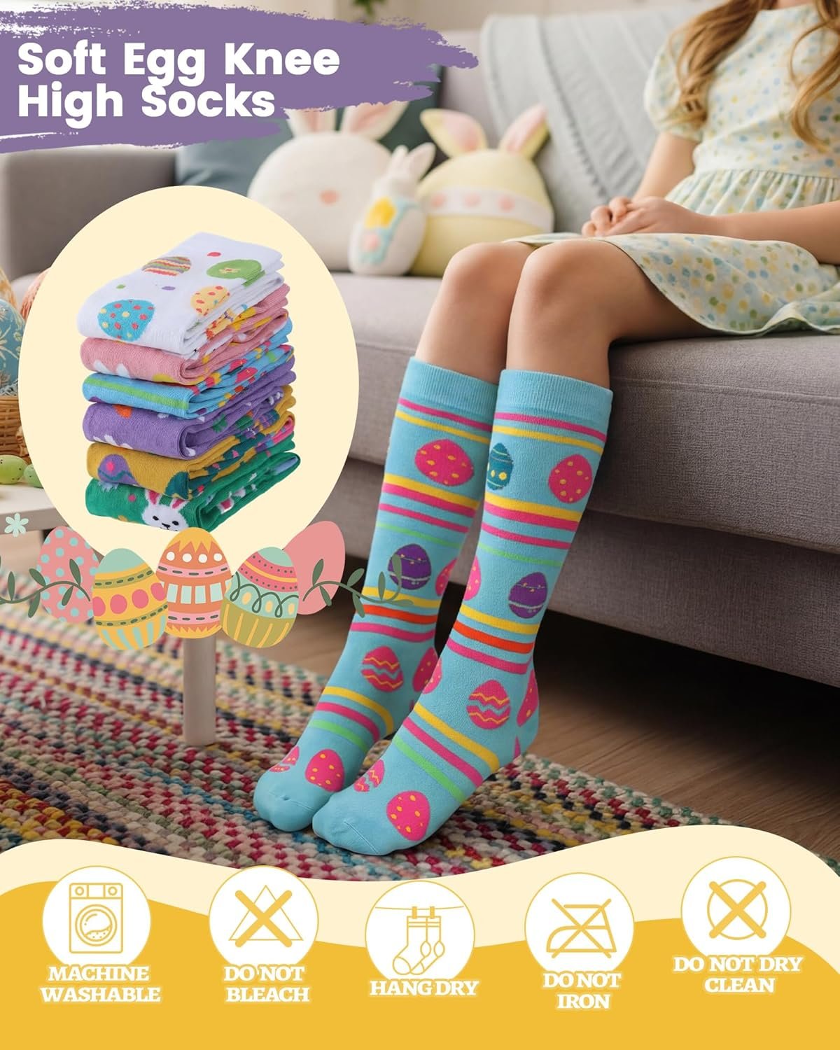 Eurzom 6 Pairs Funny Easter Knee High Socks for Teen Girls Cute Rabbit Eggs Flowers Patterns Novelty Casual Socks Spring Festive Easter Gifts for Womens Teen Girls - Image 5