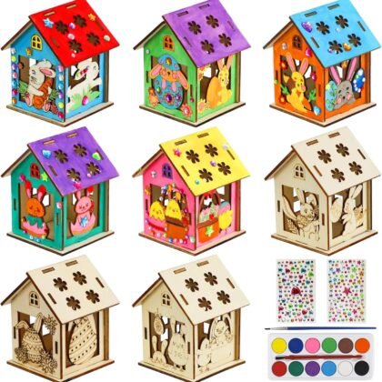 8Pcs Easter Crafts Wooden House with 12 Paint, Easter Arts and Crafts for Boys Girls Ages 3 4 5 6 7 8 12 Years Old, Adults DIY Easter Painting Crafts Kit Activities Bulk Supplies with Easter Egg Bunny