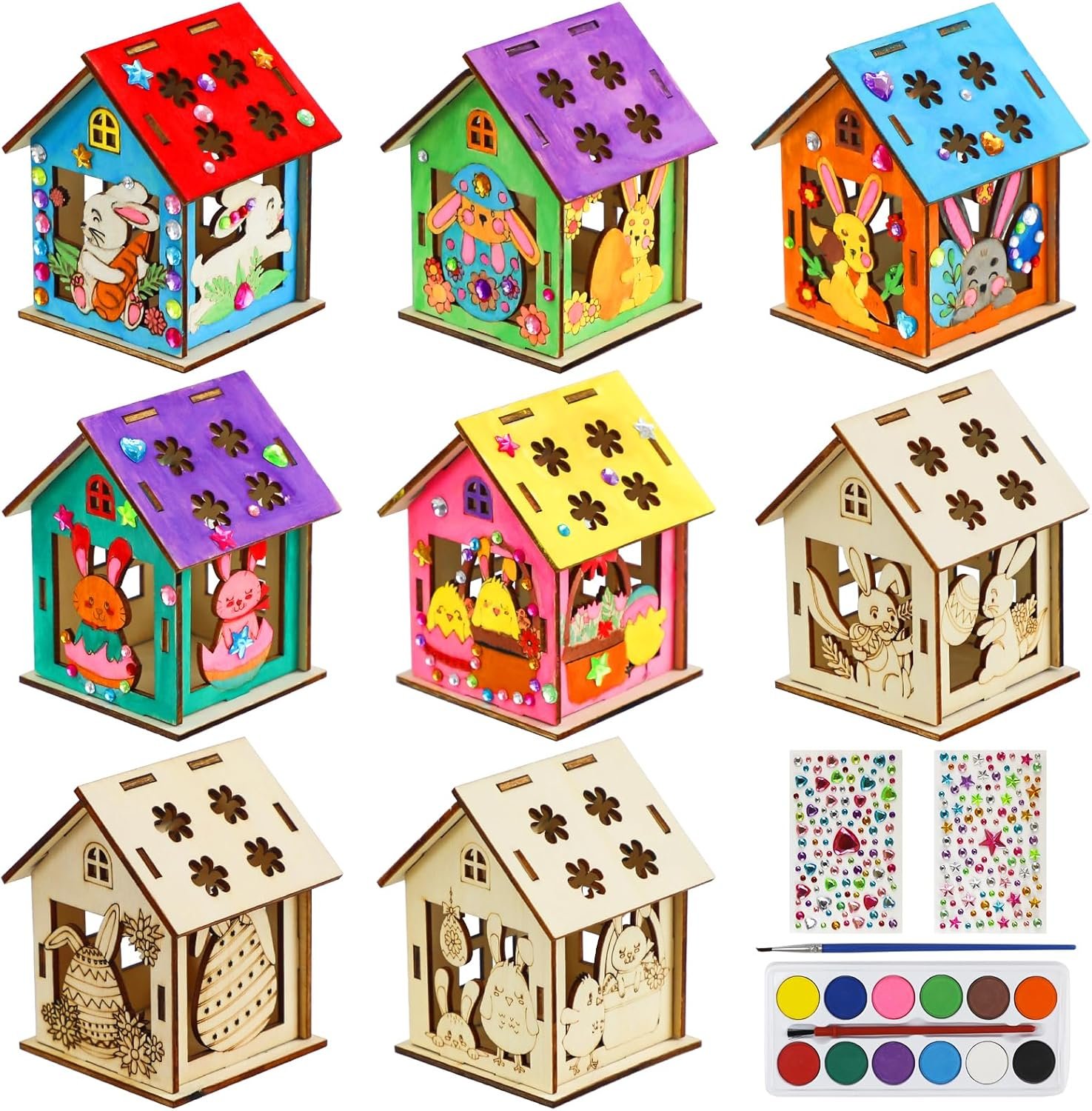 8Pcs Easter Crafts Wooden House with 12 Paint, Easter Arts and Crafts for Boys Girls Ages 3 4 5 6 7 8 12 Years Old, Adults DIY Easter Painting Crafts Kit Activities Bulk Supplies with Easter Egg Bunny