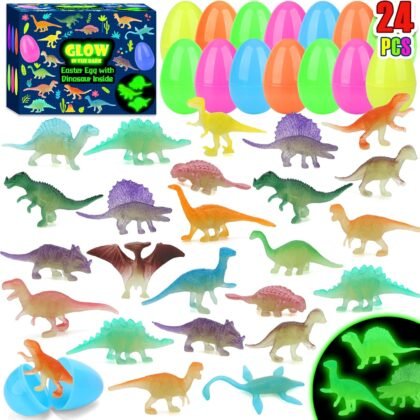 24pcs Prefilled Easter Eggs with Glow in The Dark Dinosaur Figures Toys Inside Easter Basket Stuffers Gifts Birthday Party Favors Supplies for Kids Classroom Prizes Pinata Goodie Bag Fillers