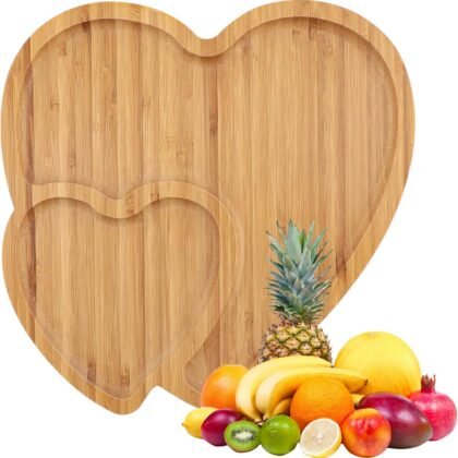 Bamboo Heart Wood Tray - Heart Shaped Cheese Board & Serving Platter for Snack, Candy, Fruit - Rustic Decor for Valentine's Day