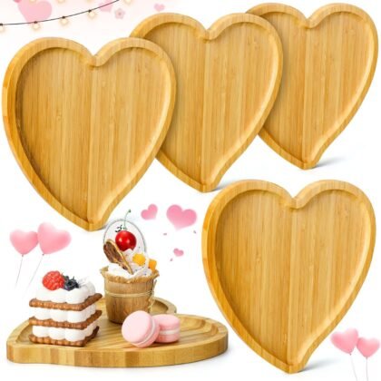 FoldTier 4 Pcs Valentines Day Wooden Serving Tray Heart Shaped Cheese Board Charcuterie Plates Salad Heart Dish Decorative Platter for Snack Food Cake Cookies, 9.1 x 8.3 Inch