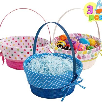 JOYIN 3 Pcs Easter Bamboo Baskets with Polka Dots Lining and Handle, Woven Easter Eggs Hunting Bucket, Wicker Candy Toys Storage Baskets for Picnic, Gift Packing, Party Favors Decorations(10" X 12")