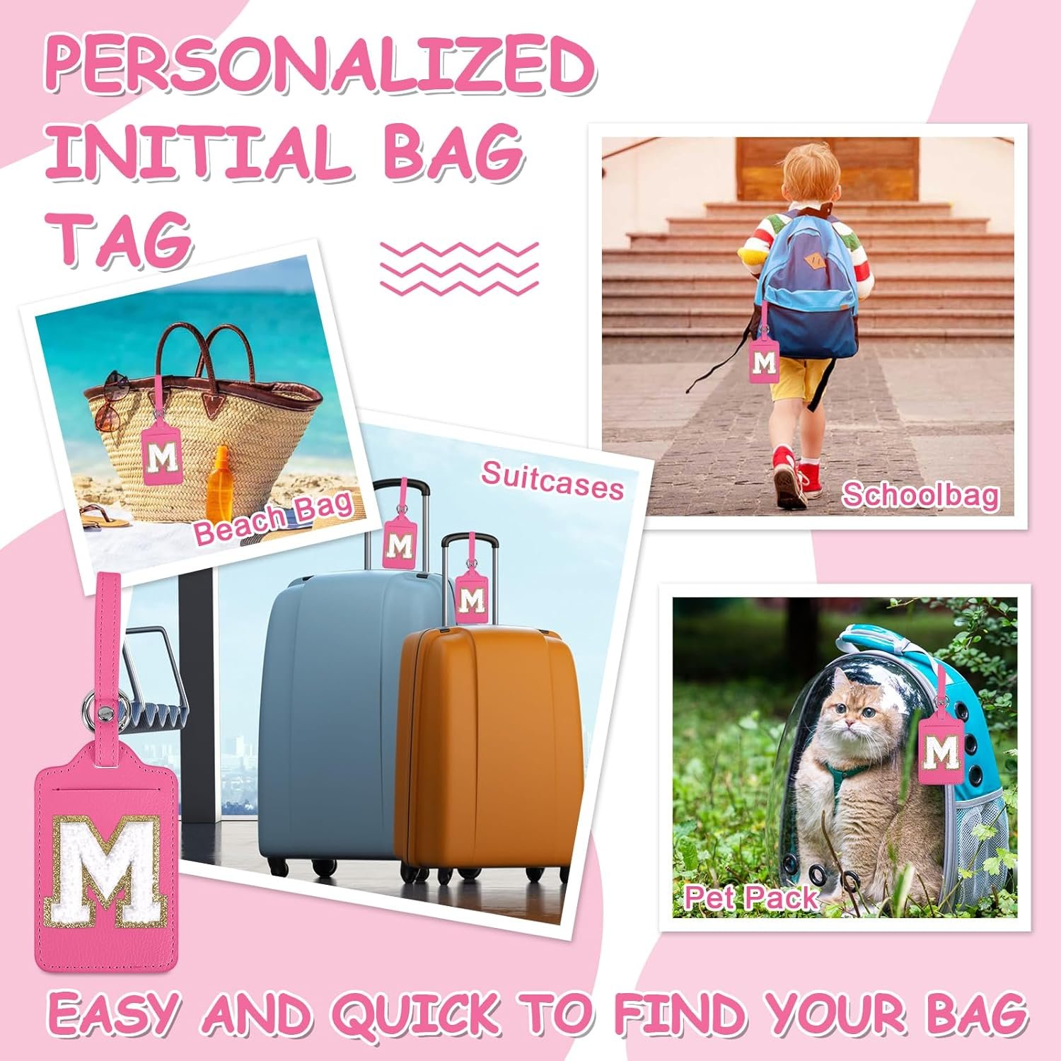 Personalized Initial Luggage Tags for Suitcases, Cute PU Leather Travel Letter Luggage Tags,Suitcase Identifier Name Baggage Tag,Bag Tags for Men Women Kids Luggage Handbags(Rosered-White M) - Image 5