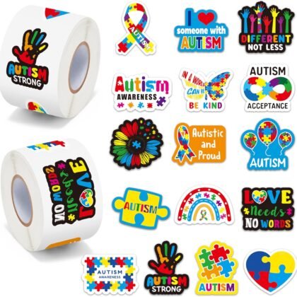 BeYumi Autism Awareness Roll Stickers - 1000Pcs Puzzle Pieces Ribbon Sticker in 2 Rolls Waterproof Vinyl Autism Awareness Decal Fundraiser Event Laptop Bottle Notebook Luggage Gift Decor for Kids Teen