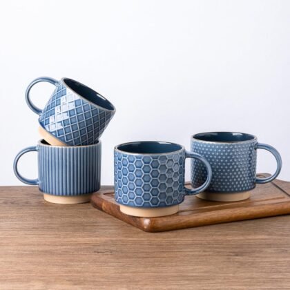 GBHOME 12 OZ Stackable Coffee Mugs, Ceramic Coffee Mugs with Texture Patterns for Man,Woman,Dad,Mom, Modern Coffee Cups Set of 4 for Latte/Cappuccino/Cocoa. Dishwasher&Microwave Safe