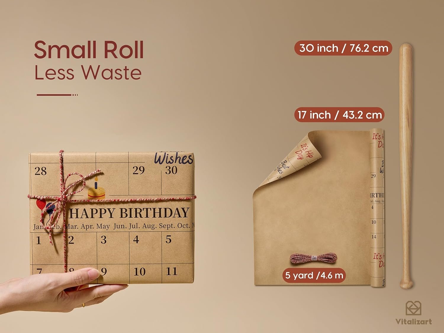 Vitalizart Write-On Calendar Birthday Wrapping Paper Set 17" With 5-Yard Twine Recyclable Customizable Gift Wrap For Birthday Party Baby Shower Handmade Crafts - Image 2