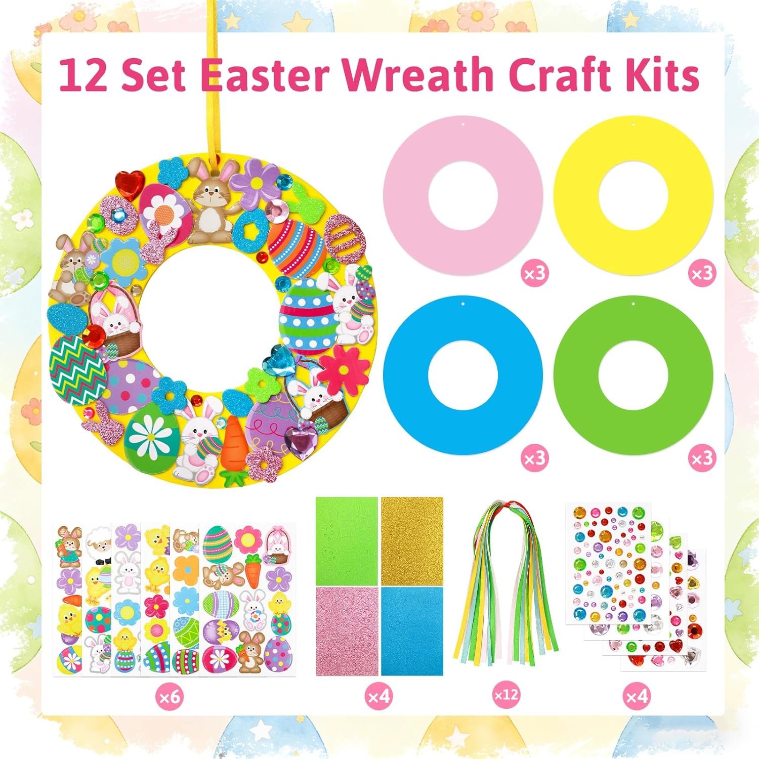 Treasure Cove Easter Crafts for Kids Easter Wreath Craft Kits DIY Foam Wreath Decorations Hanging Ornaments with Foam Stickers for Spring Classroom Home Activity Party Decor 12 Sets - Image 4