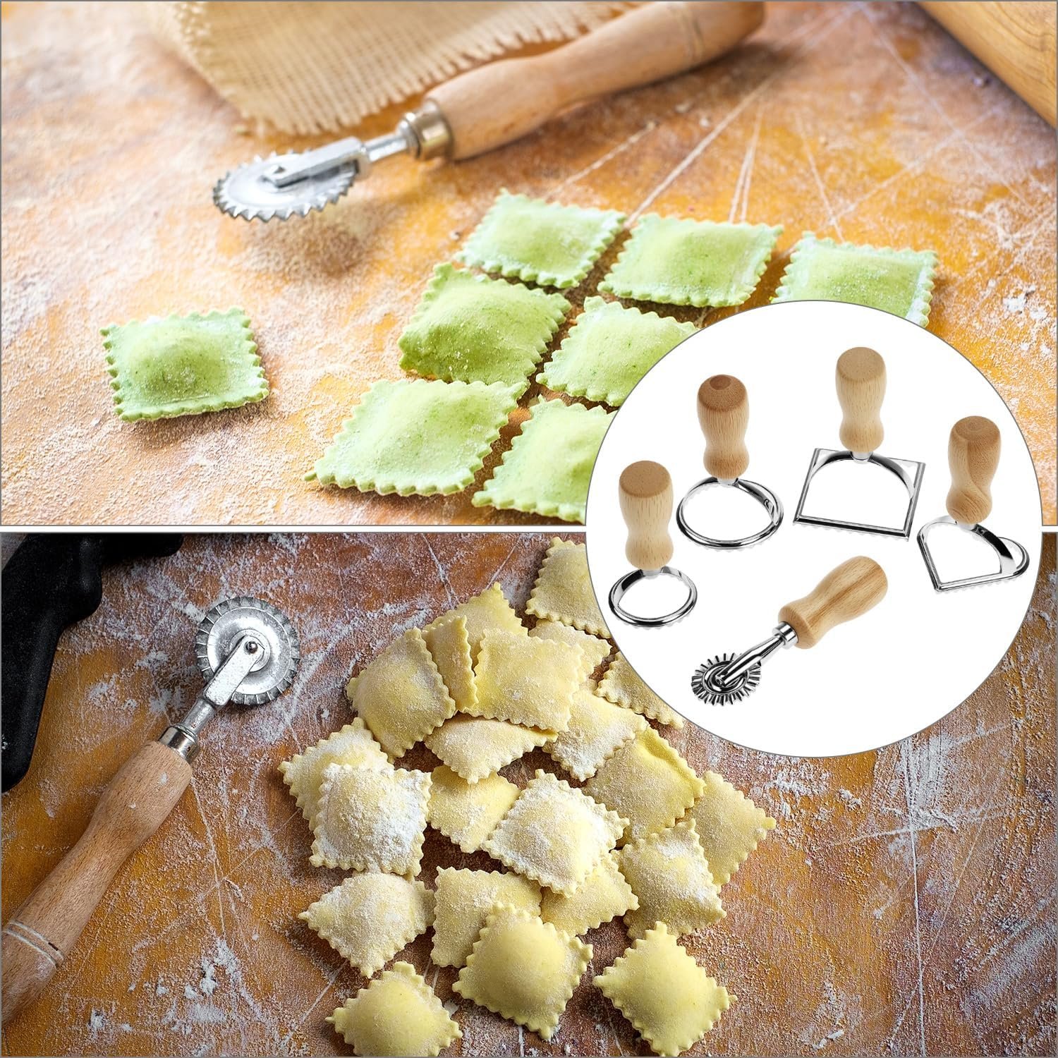 QWORK Ravioli Stamp Maker Cutter with Roller Wheel Set – Wood Handle, Sturdy Aluminum Frame, Precise Fluted Edges – Perfect for Ravioli, Pasta, Cookies - Image 7