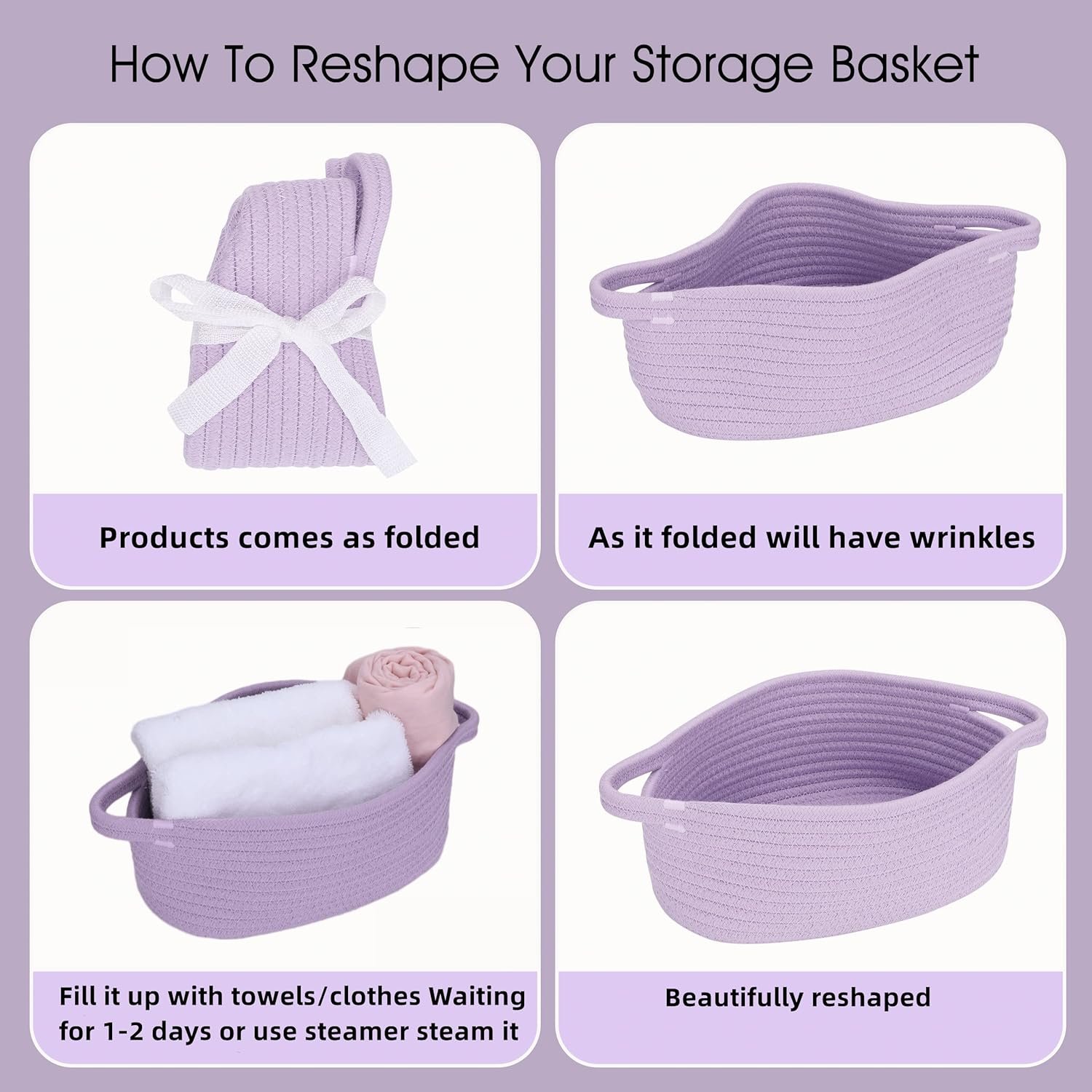 Cute Oval Cotton Rope Wicker Storage Basket with Handle - Empty Baby Nursery Box Bin Organizer for Kids, Cats, Dogs & Easter - Light Purple Lavender - Image 7