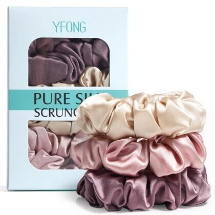 YFONG 3 PCS 100% Mulberry Silk Scrunchies for Women Girls, 22 Momme Soft Hair Ties for Frizz & Breakage Prevention, Elastic Ponytail Holders Gentle And No hurt, (Pink+Champagne+Plum Purple)