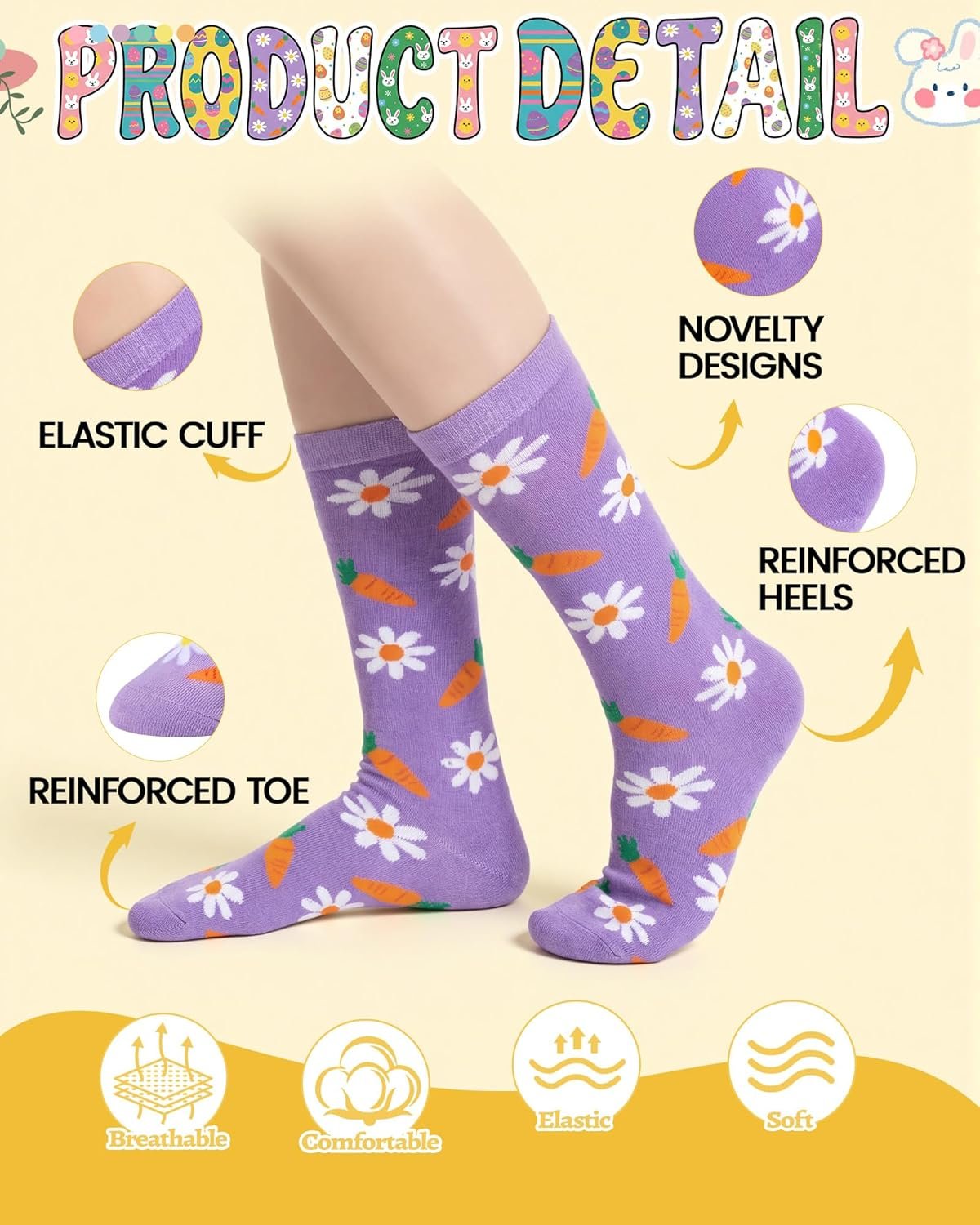 Eurzom 6 Pairs Funny Easter Knee High Socks for Teen Girls Cute Rabbit Eggs Flowers Patterns Novelty Casual Socks Spring Festive Easter Gifts for Womens Teen Girls - Image 3