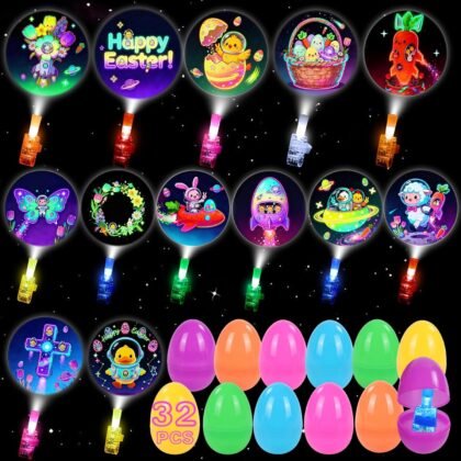 Prefilled Easter Eggs Finger Lights for Kid: 32 Pack Easter Basket Stuffers Glow Egg Fillers Toys Bulk for Boys Girls Toddler Egg Hunt Party Favors Gifts