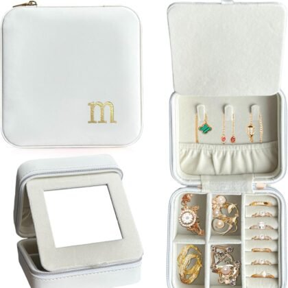 COLLECTIVE HOME - Travel Jewelry Case, Elegant Square Design with Gold Engraved Monogram, Built-in Mirror, Personalized Accessory Organizer for Rings, Necklaces, Gift for Women and Teens (m)