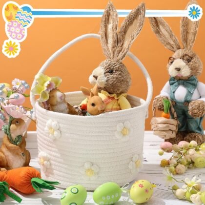 FoldTier Large Easter Basket with Handle 9''x7''x6'' Woven Easter Basket Empty Baby Gift Egg Hunt Rope Storage Organizer Cute Floral Bag Carrying Candy Stuffed for Birthday Baby Shower Nursery Room