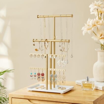 Jewelry Holder Organizer Necklace Display: Metal Aesthetic Room Decor Tree Stand for Necklace Bracelet Hanger and Earrings Storage beautiful jewelry tower for mom wife girlfriend (Gold)