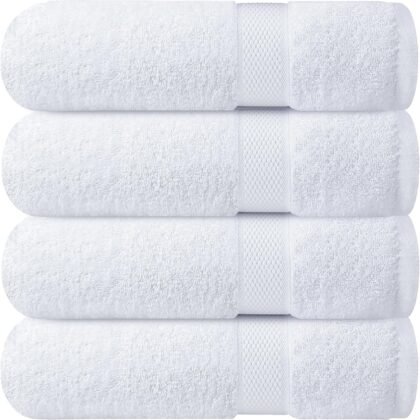 Infinitee Xclusives Luxury 100% Ring-Spun Cotton White Bath Towels Set of 4 (27x54 inches) – Soft, Absorbent & Quick-Drying Towels for Bathroom, Gym, Spa & Hotel Use (Brilliant White, Bath Towels)