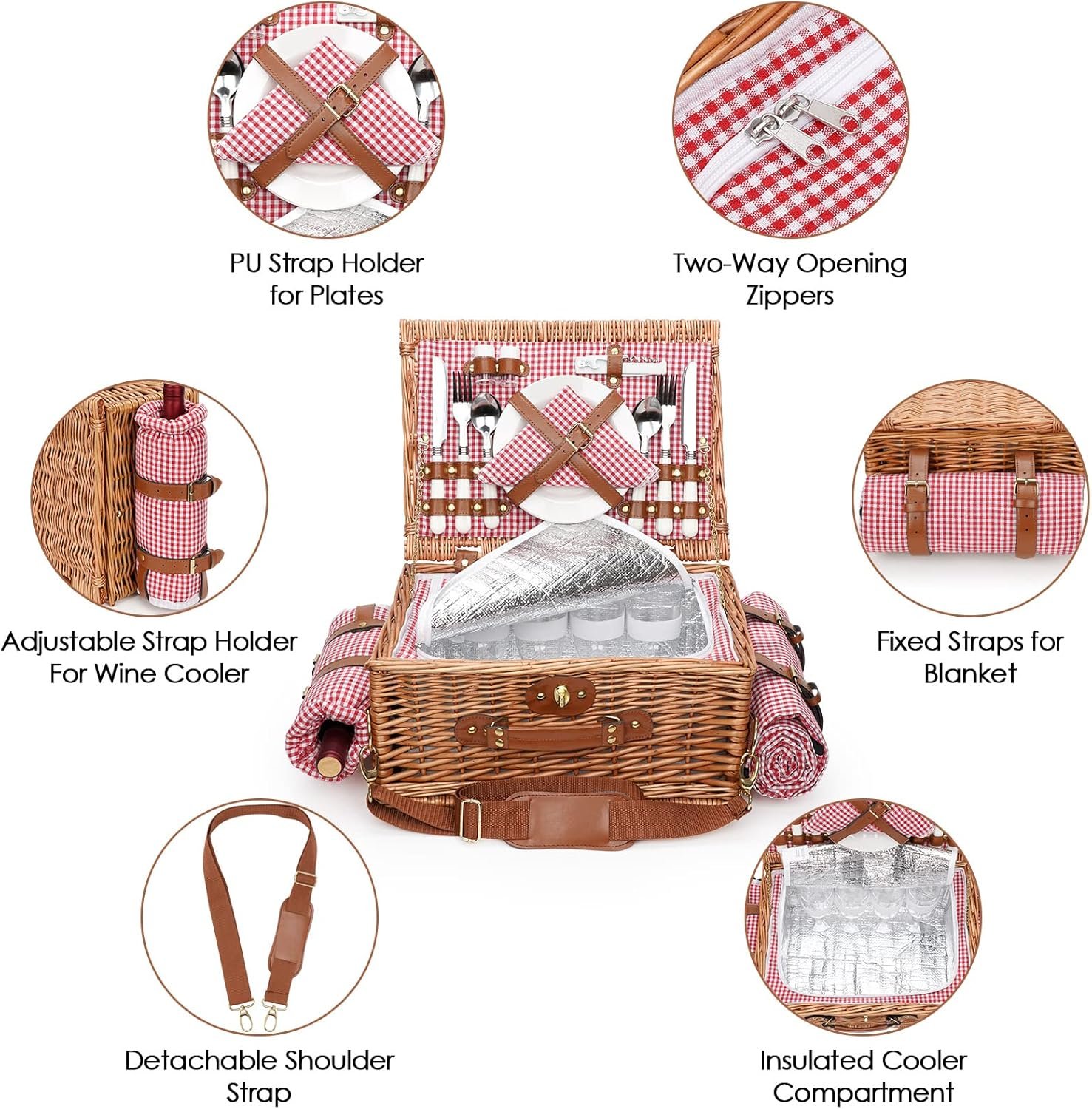 Picnic Basket for 4, Insulated Willow Picnic Baskets with Shoulder Strap, Picnic Hamper with Waterproof Picnic Blanket, Handmade Wicker Hamper for Outdoor, Great Gifts for Thanksgiving, Christmas - Image 4