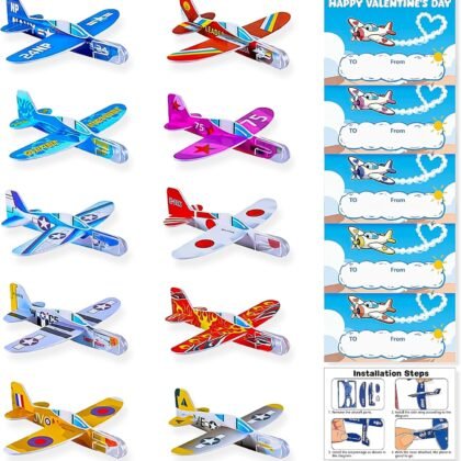 CUQI 28 PCS Foam Airplanes and Valentine Cards for Kids, Class Valentine Cards Gifts for Boys and Girls