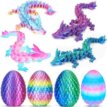 Ivrmtal 4PCS 3D Printed Dragon Eggs with Dragon Inside, Prefilled Easter Eggs with Toys for Kids 3D Printing Crystal Dragon Animals Easter Basket Stuffers and Essentials Dragon Gifts for Boys Girls