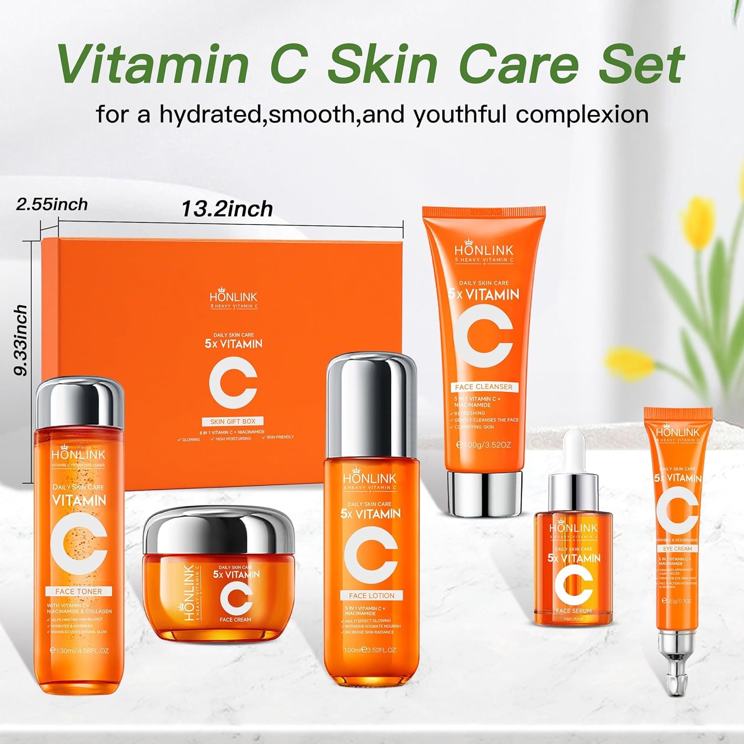 Glown 6-Piece Hydrating Skincare Set with Vitamin C & Niacinamide,Complete Face & Body Care Kit with Cleanser,Toner,Serum,Moisturizer,Eye Cream & Body Lotion | Valentine’s Day Skincare Gift for Women - Image 5