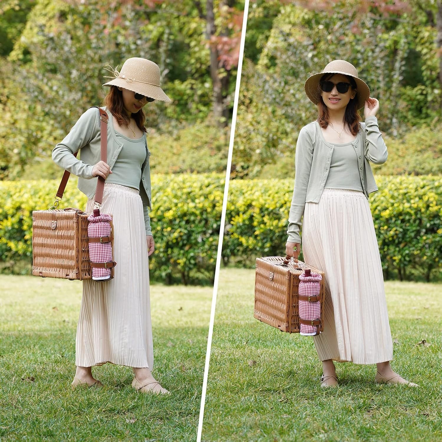 Picnic Basket for 4, Insulated Willow Picnic Baskets with Shoulder Strap, Picnic Hamper with Waterproof Picnic Blanket, Handmade Wicker Hamper for Outdoor, Great Gifts for Thanksgiving, Christmas - Image 8