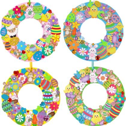 Treasure Cove Easter Crafts for Kids Easter Wreath Craft Kits DIY Foam Wreath Decorations Hanging Ornaments with Foam Stickers for Spring Classroom Home Activity Party Decor 12 Sets