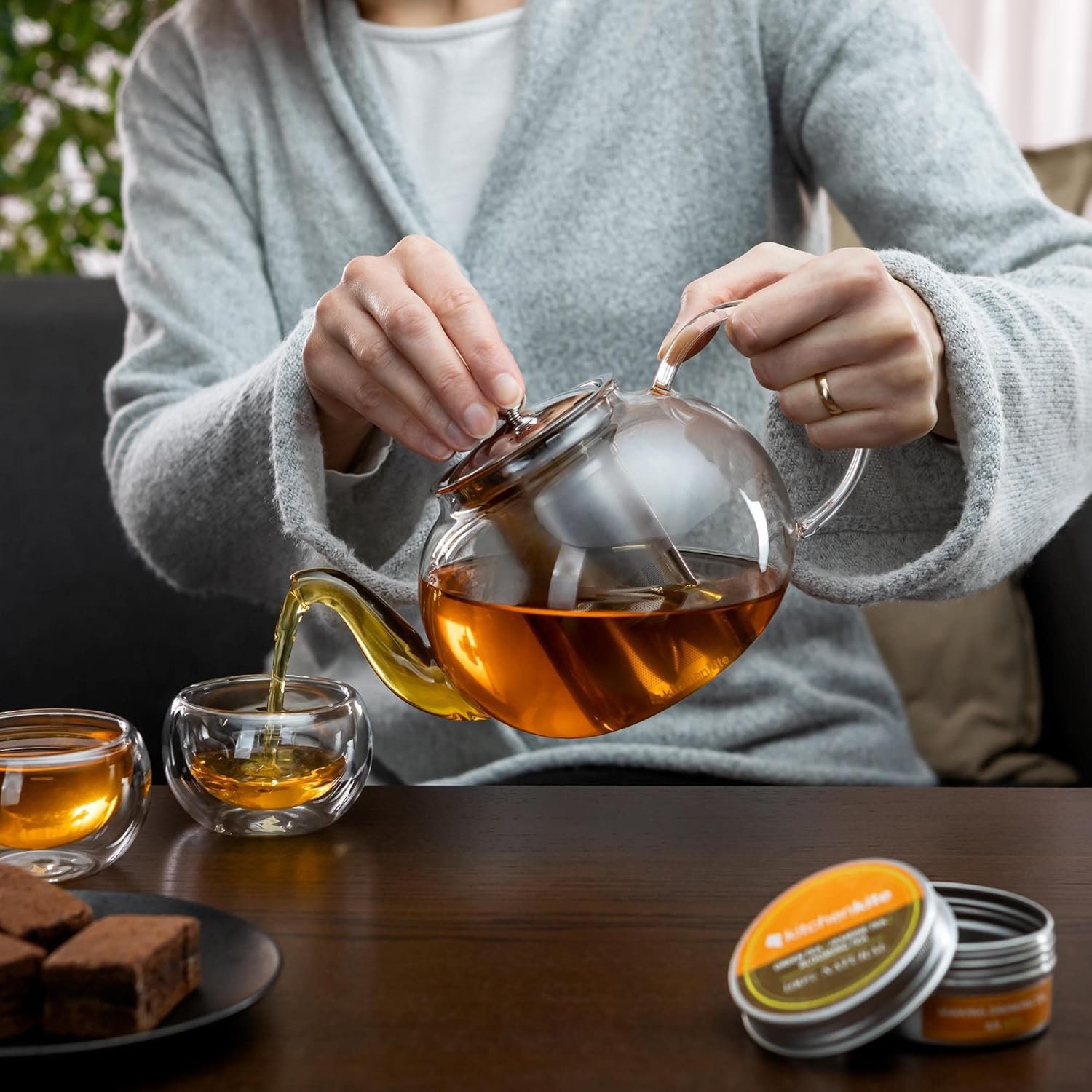Glass Teapot Set with 4 Double Wall Tea Cups & Removable Stainless Steel Infuser, 35oz/1000ml Borosilicate Tea Kettle Stovetop Safe, Loose Leaf & Blooming Tea Maker Gift Set for Women - Image 8