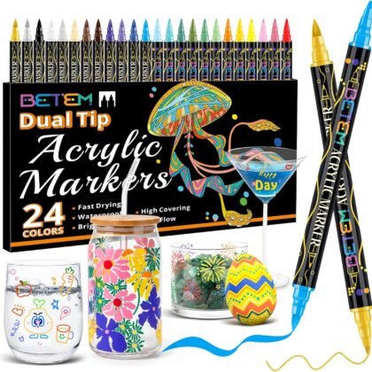 Betem 24 Colors Dual Tip Glass Paint Markers, Window Markers, Erasable Wine Glass Markers, Brush + Fine Tip Non-Toxic Acrylic Paint Marker Pens for Glass, Mirror, Ceramic, Eggs, Painting Kit