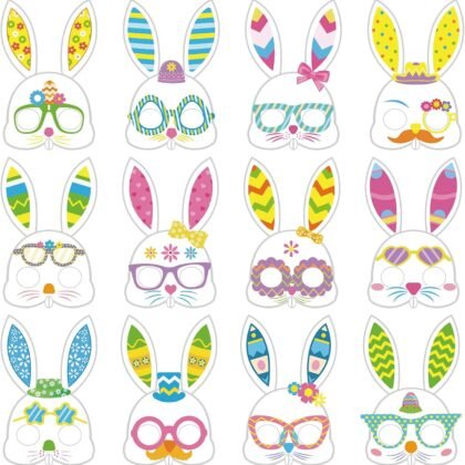 24 Packs Easter Bunny Mask Craft Kits for Kids Easter Crafts and Activities for Pretend Play Bunny Mask Bunny Stickers and Elastic Band for Home DIY Activity Animal Easter Eggs Hunt and Theme Party