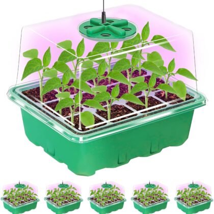 Bonviee 5 Packs Seed Starter Tray with Plant Light, Elevated Seedling Starter Trays Kits with Adjustable Humidity Domes and Clear Cell Tray, 12 Full Spectrum led lamp Beads for Plants Indoor-Green