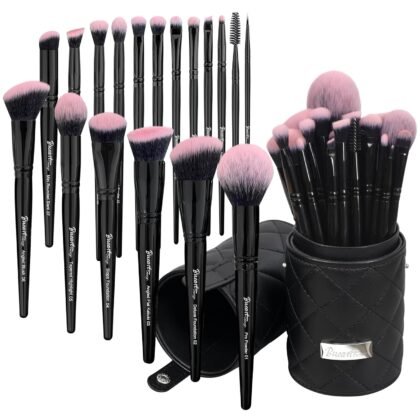 Bueart Design 18Pcs Pro Deluxe Fuchsia Pink Black Makeup Brushes set with Travel Make up Brush Holder case Foundation concealer contour Blush eyeshadow face make up brush set