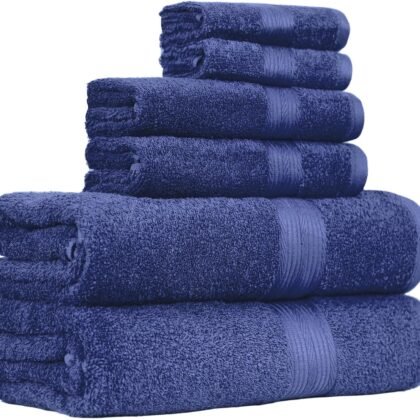 Amazon Basics 6-Piece Fade-Resistant 100% Cotton Towel Set, Soft and Absorbent, 2 Bath Towels, 2 Hand Towels, 2 Washcloths, Navy Blue