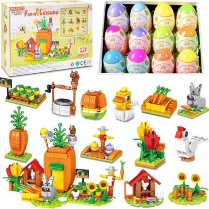 Prefilled Easter Eggs with 12 Packs Bunny Carrot House Building Blocks Sets, 12 in 1 Easter Basket Stuffers Building Toys, Farm Life with Rabbit, Chicken Coop, Sunflowers, Gifts for Kids Boys Girls 6+