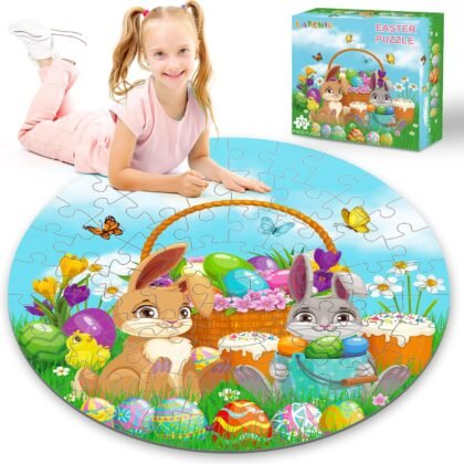 70pcs Easter Floor Puzzles for Kids Age 3-8, Easter Basket Stuffer Gifts for Kids Boy Girls Jumbo Bunny Puzzles Egg Hunt Party Favors