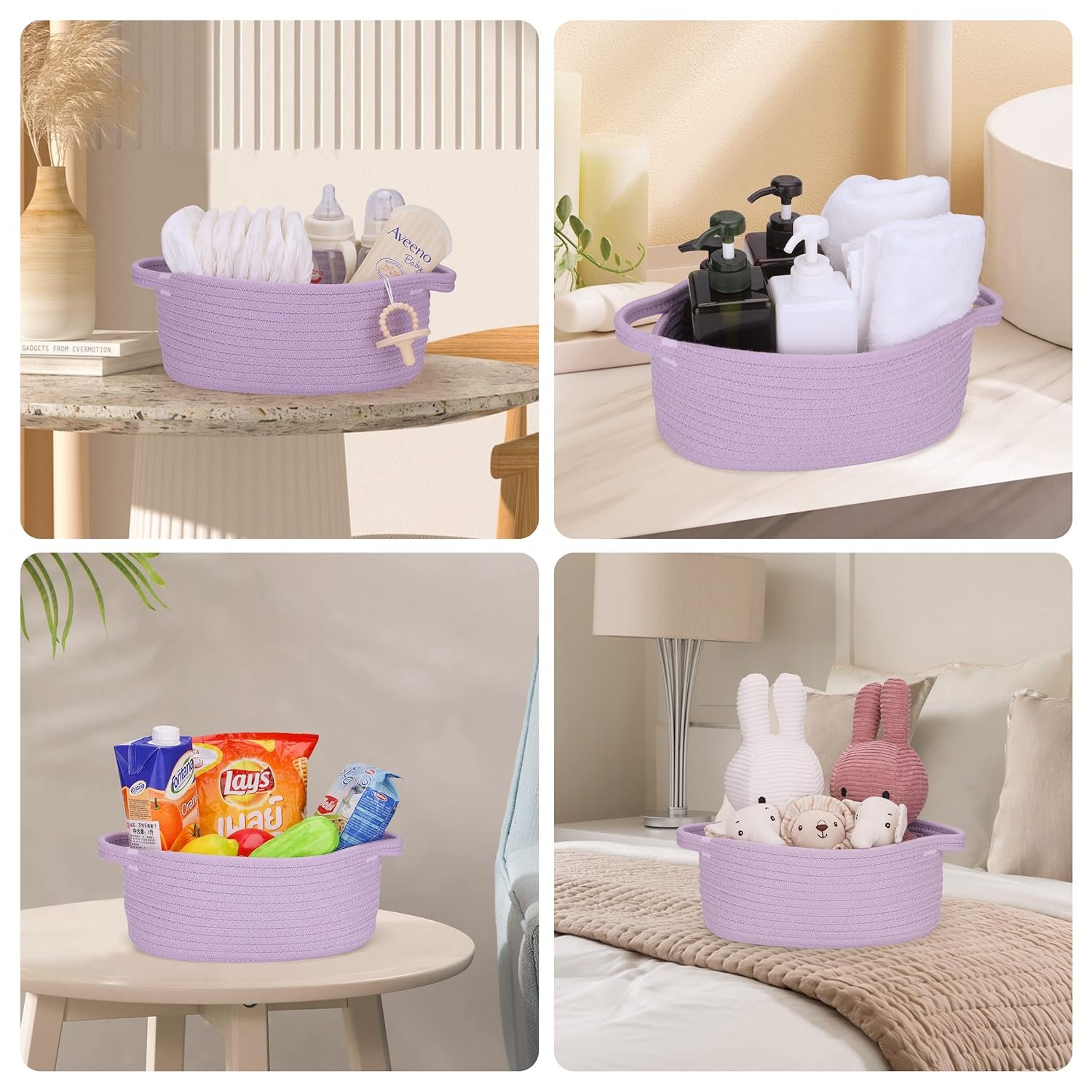 Cute Oval Cotton Rope Wicker Storage Basket with Handle - Empty Baby Nursery Box Bin Organizer for Kids, Cats, Dogs & Easter - Light Purple Lavender - Image 6