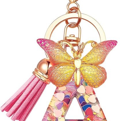 JINGUAZI Initial letter Keychains for Women Tassel Butterfly Pink Purple Cute Car Keychain for Wallet Backpack bag charm