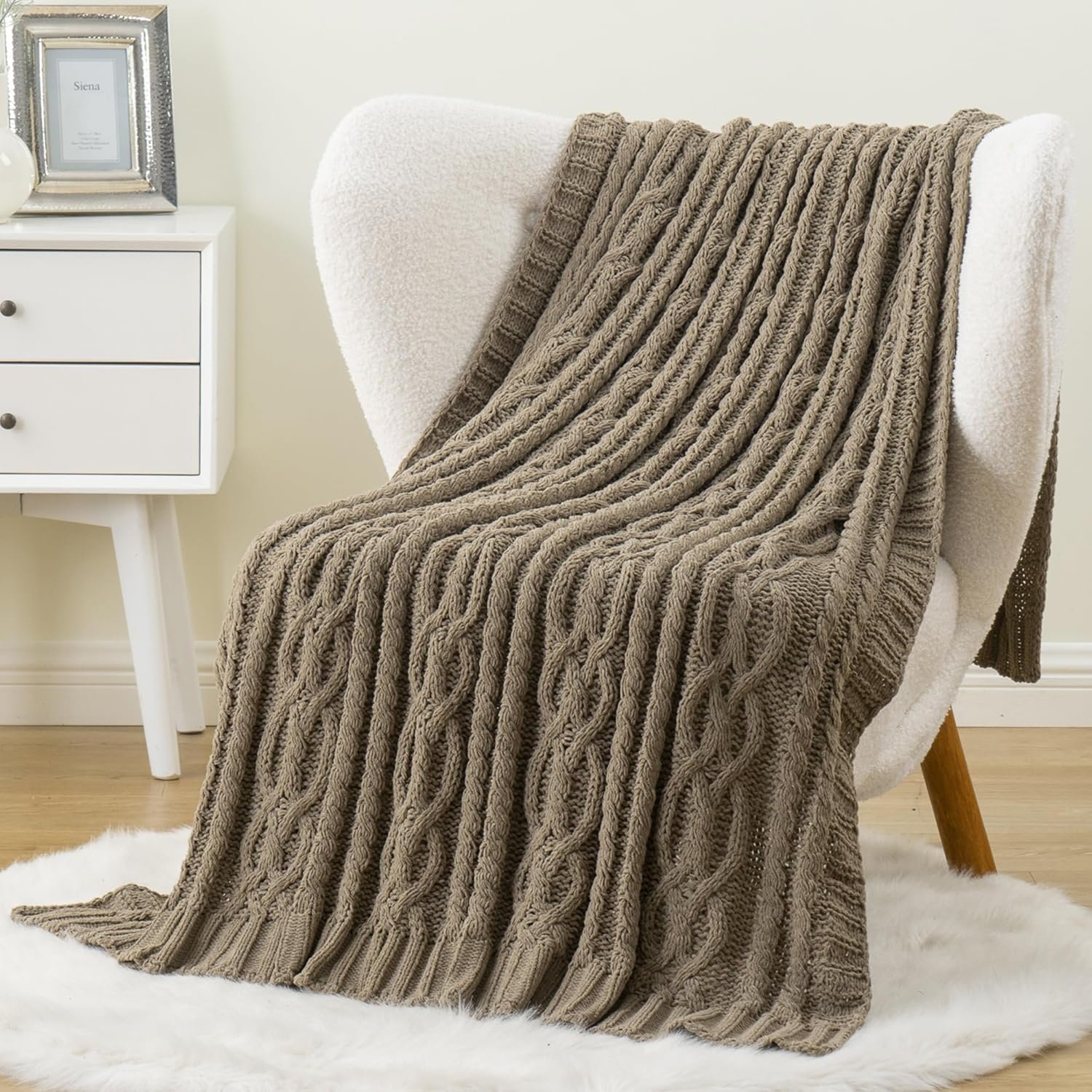 Battilo Camel Tan Throw Blanket for Couch,51"x67", Cable Chenille Knitted Throw Blankets for Bed, Sofa, Chair,Living Room, Soft Cozy Thick Warm Decorative Textured Blanket. - Image 3