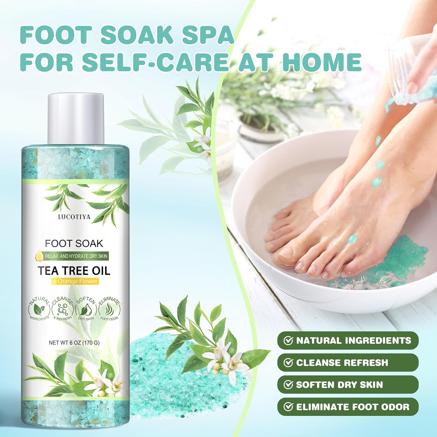 LUCOTIYA Tea Tree & Orange Flower Foot Soak Set - Salts, Foot File, Scrub & Urea Cream Pedicure Supplies for Dry, Cracked Feet - Foot Spa Pedicure Kit for Women Men - Image 2