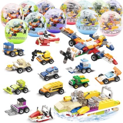 12Pcs Pre Filled Easter Eggs with Vehicles Building Blocks, Egg Surprise Toy for Easter Hunt, Easter Basket Stuffers