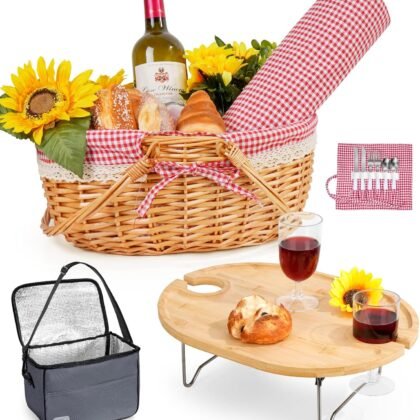 Picnic Basket for 2 with Table and Blanket Collapsible Cooler Bag Insulated Picnic Set for Beach Picnic Hamper Picnic Date Essentials for Outdoor Picnic Accessories Wedding Gift/Bridal Shower Gift