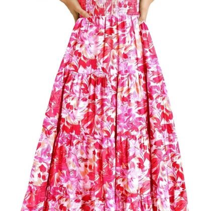 PRETTYGARDEN Women's Casual Summer Midi Dress Puffy Short Sleeve Square Neck Smocked Tiered Ruffle Dresses