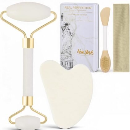Real Perfection Gua Sha Facial Tools Face Roller for Wrinkles Jade Roller and Gua Sha Set, Scrubber Pore Brush Headband Skin Care Tools for Travel Skincare Routine Massaging Reducing Puffiness - White