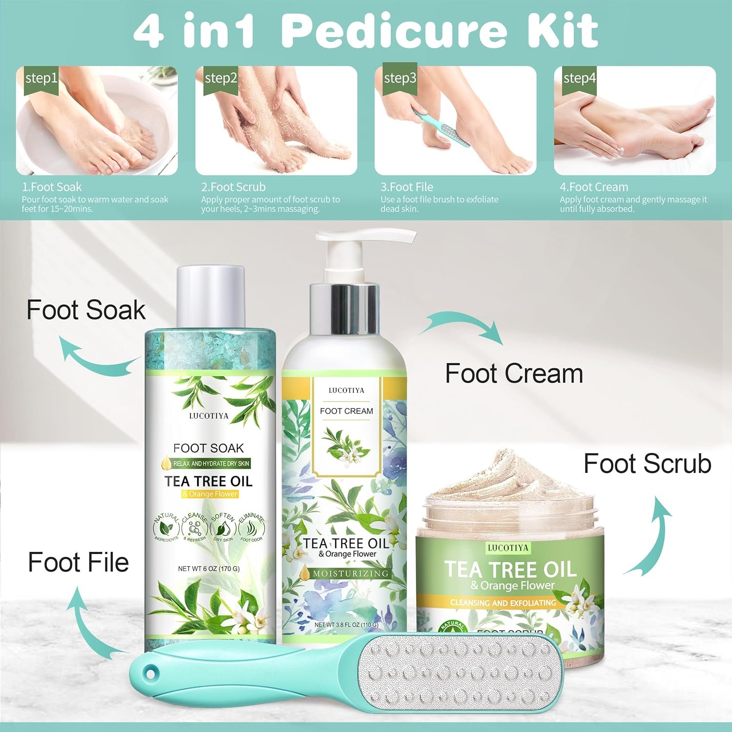 LUCOTIYA Tea Tree & Orange Flower Foot Soak Set - Salts, Foot File, Scrub & Urea Cream Pedicure Supplies for Dry, Cracked Feet - Foot Spa Pedicure Kit for Women Men - Image 6