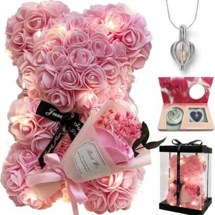 Romantic Valentine's Day Gift For Her Artificial Flower Rose Teddy Bear With Preserved Flowers Bouquet And Blind Box Pearl Necklace Birthday Gift For Wife Girlfriend Mom Women Mothers Day Home Decor