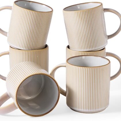 famiware Coffee Mug Set for 6, Star 16 oz Catering Mugs Cup Set with Handle for Coffee, Tea, Cocoa, Milk - Ceramic Stoneware Drinkware Set, Cappuccino White