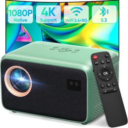 Projector with Wifi and Bluetooth, Native 1080P Portable Mini Projector 4K Support, Electric Focus & Auto Keystone Projector for Bedroom/Home/Outdoor, Compatible with Smartphone/HDMI/USB/TV Stick