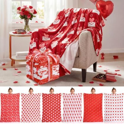 Fanfanwin 6 Pack Valentine's Day Throws Blanket in Bulk Romantic Love Heart Shaped Flannel Blankets Pink Red Warm Lightweight Throw Soft Fluffy Plush Quilt for Living Room Couch Dorm, 50 x 60 Inch
