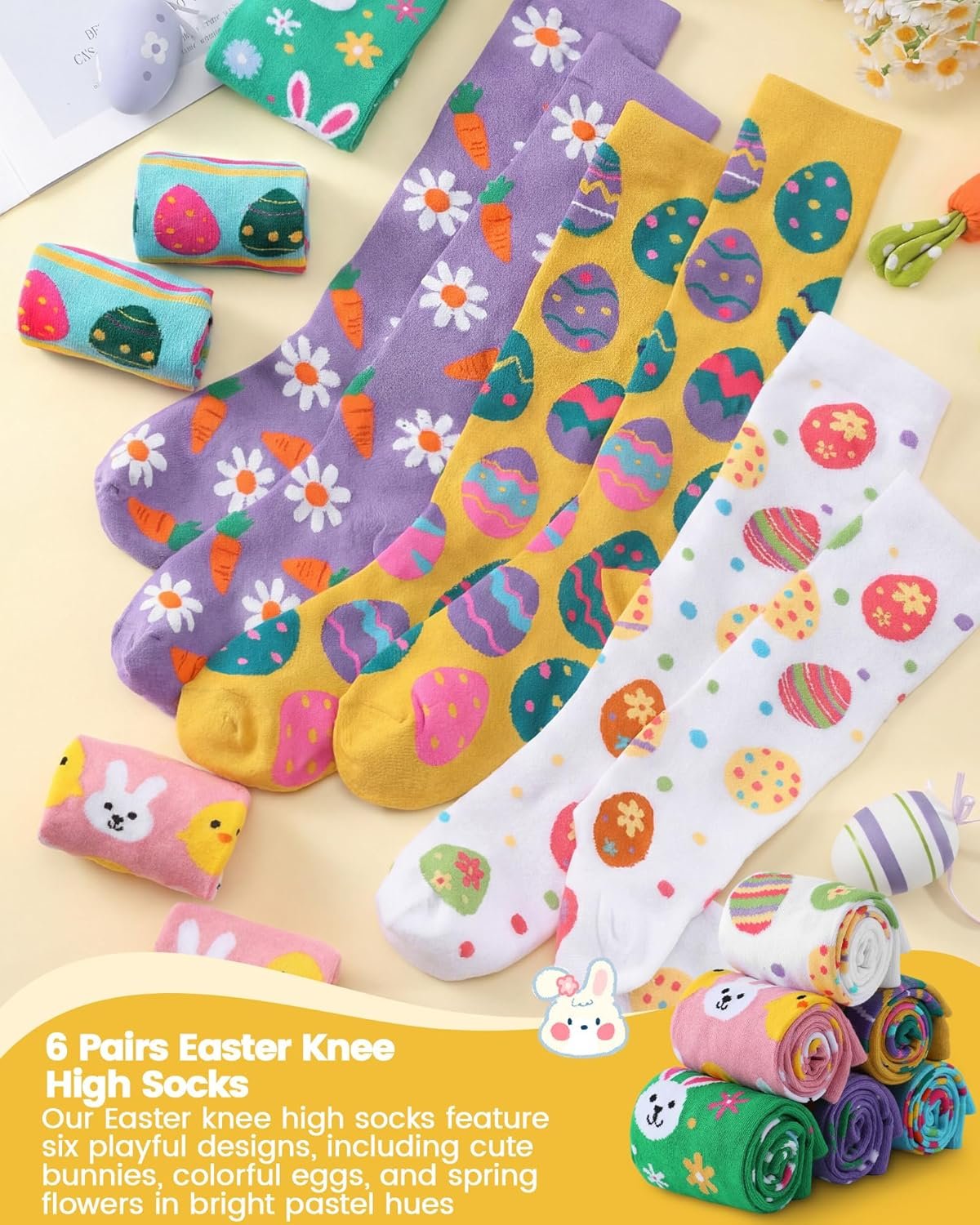 Eurzom 6 Pairs Funny Easter Knee High Socks for Teen Girls Cute Rabbit Eggs Flowers Patterns Novelty Casual Socks Spring Festive Easter Gifts for Womens Teen Girls - Image 2