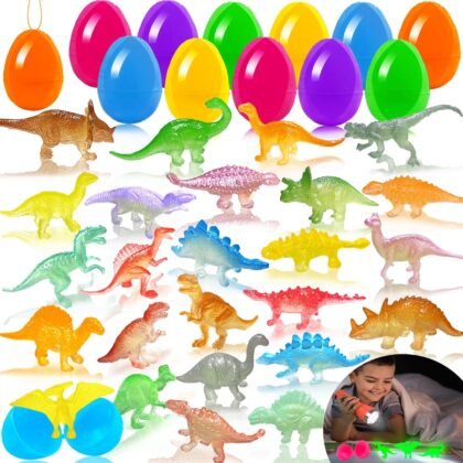 60 Pcs Fillable Easter Eggs with Mini Glow Dinosaur Fillers,Empty Plastic Eggshells Dino Figures Toy Set for Kids Basket Stuffers,Egg Hunt Games,Birthday,Party Favors,30 Pack